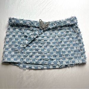 ELSIE & FRED blue denim check frayed distressed y2k butterfly belted mini skirt